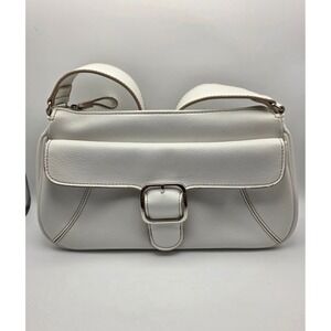 Villager Liz Claiborne White Pebbled Faux Leather Shoulder‎ Bag Buckle Detail